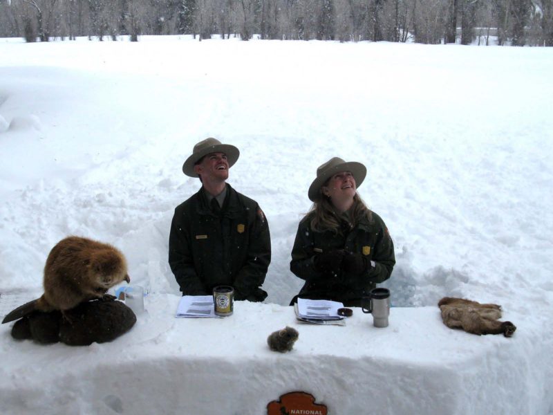 Grand Teton National Park rangers Clay Hanna & Kristen Dragoo broadcast in 2011 from their snowdesk located outside of the Craig Thomas Discovery & Visitor Center in Moose, Wyo. (NPS photo Ñ click to enlarge)