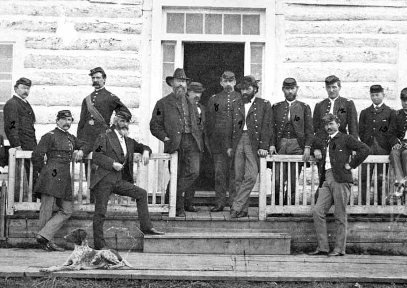 Gustavus Cheyeney Doane, fourth from left with sash, was a soldier who figures prominently in Empire of Shadows: The Epic Story of Yellowstone, by George Black. (Pioneer Museum - click to enlarge)