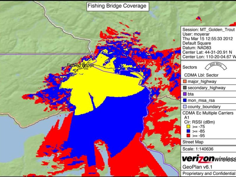 A map from Verizon Wireless shows signal coverage from a proposed cell phone tower planned for the area around Lake Hotel in Yellowstone National Park. (click to enlarge)