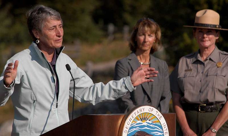 Interior Secretary Sally Jewell, left, speaks at Jenny Lake on Thursday in Grand Teton National Park in support of a Grand Teton National Park Foundation project to improve trails and visitor amenities in the area. Joining her in the announcement of the $16 million public-private fundraising initiative were Grand Teton Superintendent Mary Gibson Scott, right, and foundation President Leslie Mattson. (Ruffin Prevost/Yellowstone Gate)