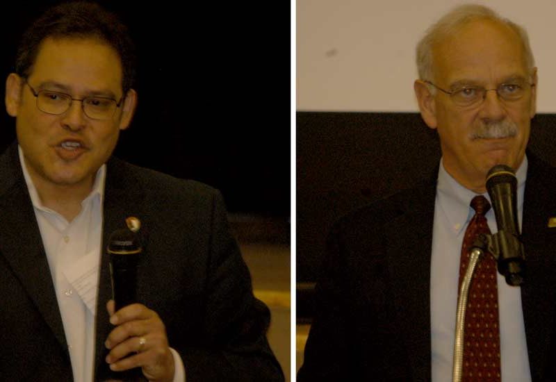 Grand Teton National Park Superintendent David Vela, left, and Yellowstone National Park Superintendent Dan Wenk spoke Monday at Cody's National Parks Day luncheon.