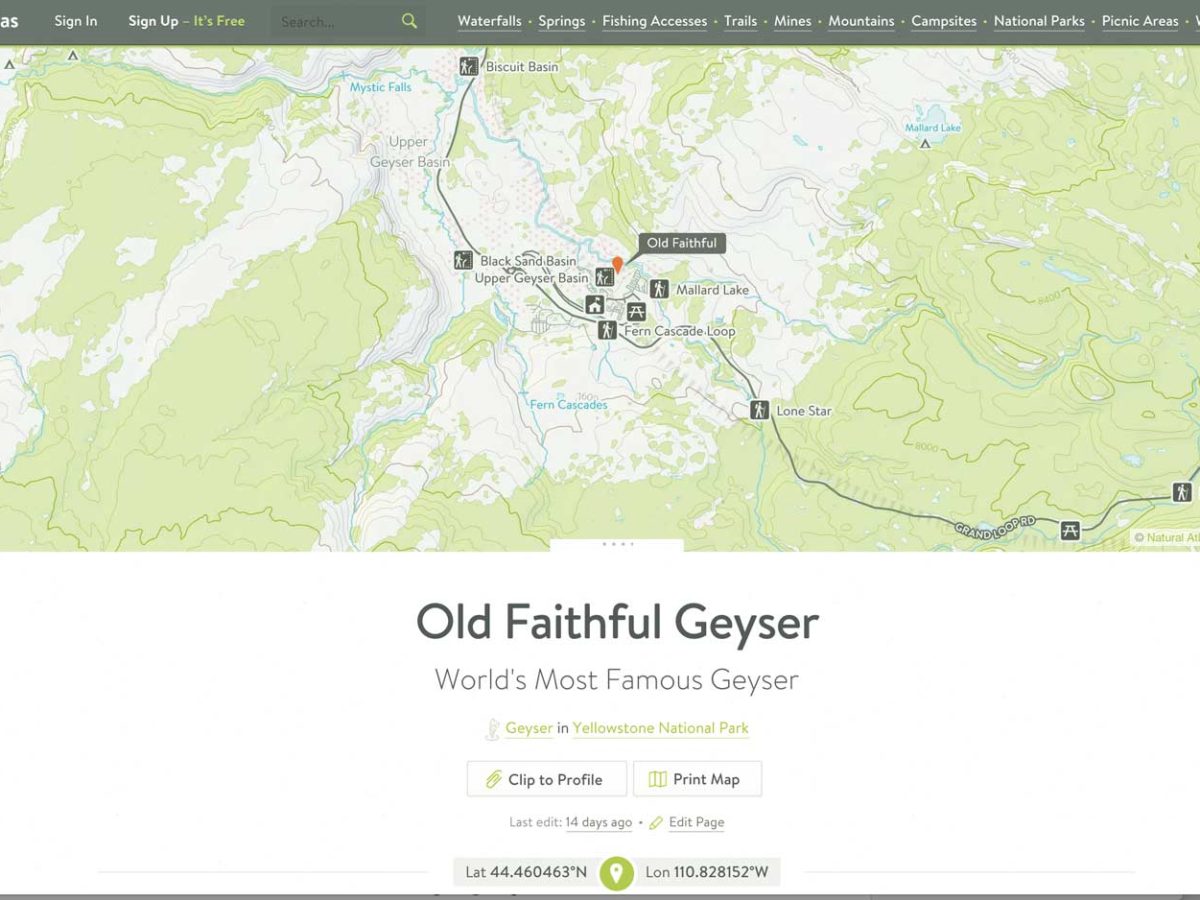 A sample entry from Natural Atlas offers topographical maps showing the location of Old Faithful Geyser in Yellowstone National Park.