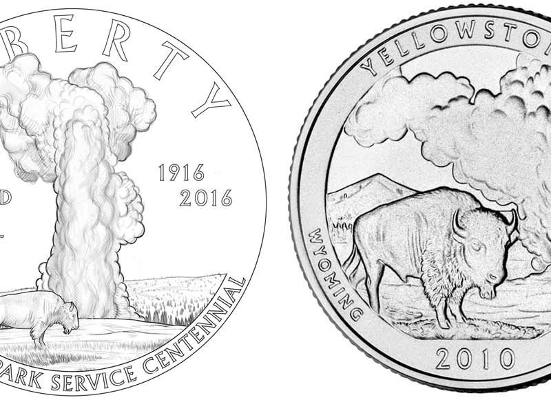 The design for a new coin commemorating the National Park Service centennial (left) is similar to a Yellowstone National Park quarter (right) issued in 2010.