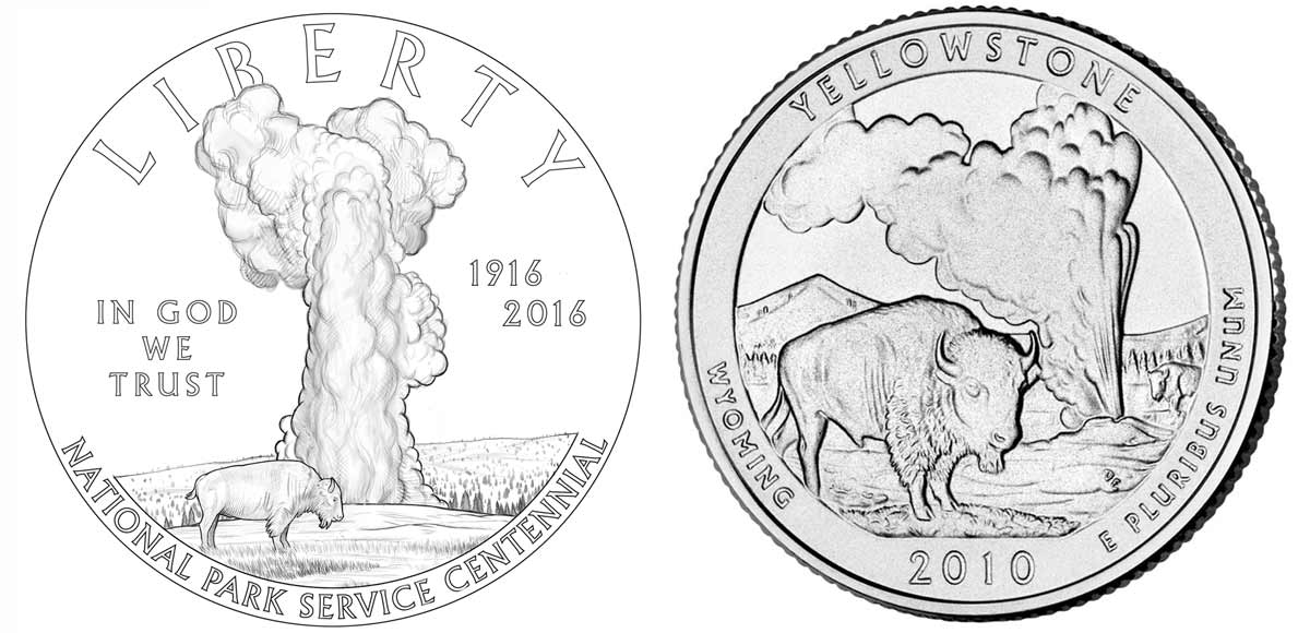 The design for a new coin commemorating the National Park Service centennial (left) is similar to a Yellowstone National Park quarter (right) issued in 2010.