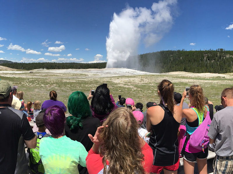 Visitors watch Old Faithful geyser erupt in Yellowstone National Park.