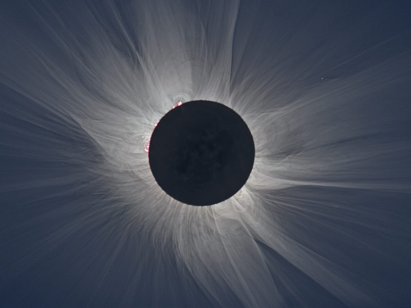 Solar flares are visible in the sun's corona during a total solar eclipse. (NASA image)